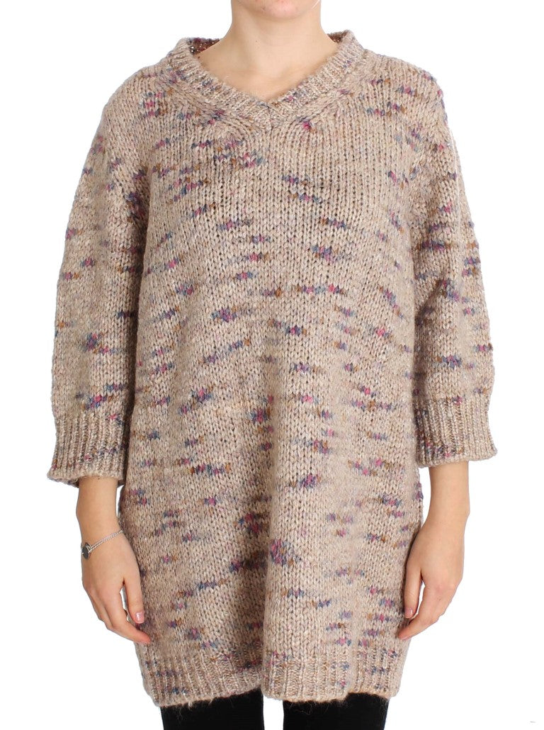 PINK MEMORIES Beige Oversized V-Neck Knitted Sweater IT42 | M