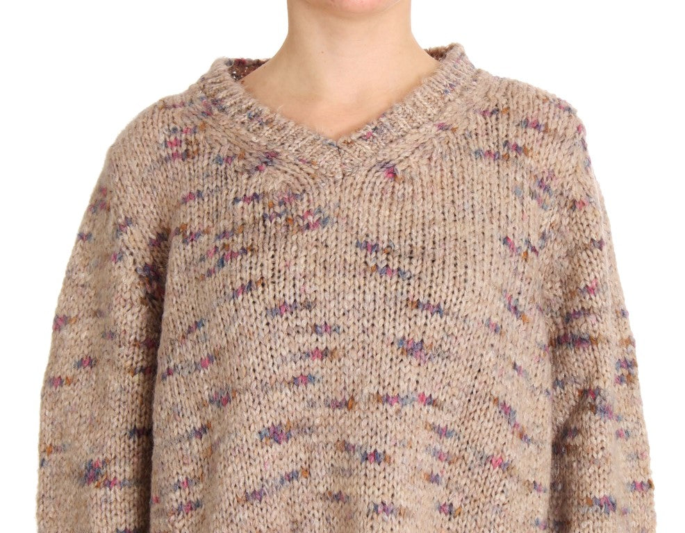 PINK MEMORIES Beige Oversized V-Neck Knitted Sweater IT42 | M