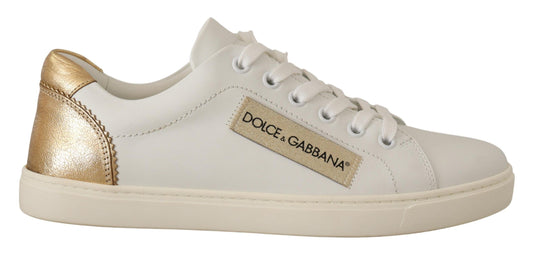 Dolce & Gabbana Elegant White Leather Sneakers with Gold Accents EU35 / US4.5