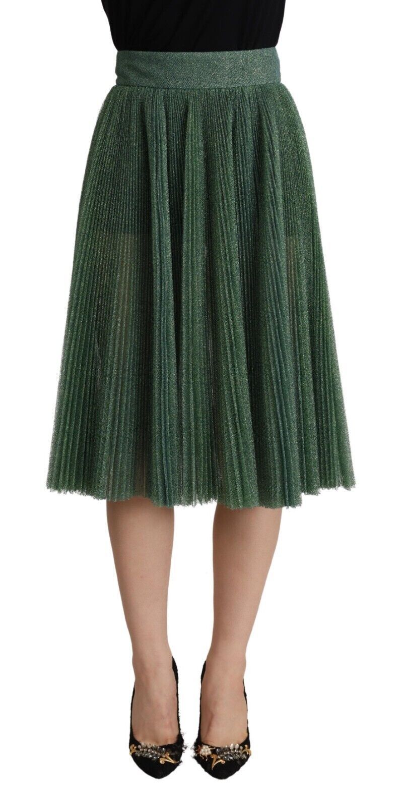 Dolce & Gabbana Metallic Green Pleated A-Line Midi Skirt IT40 | S