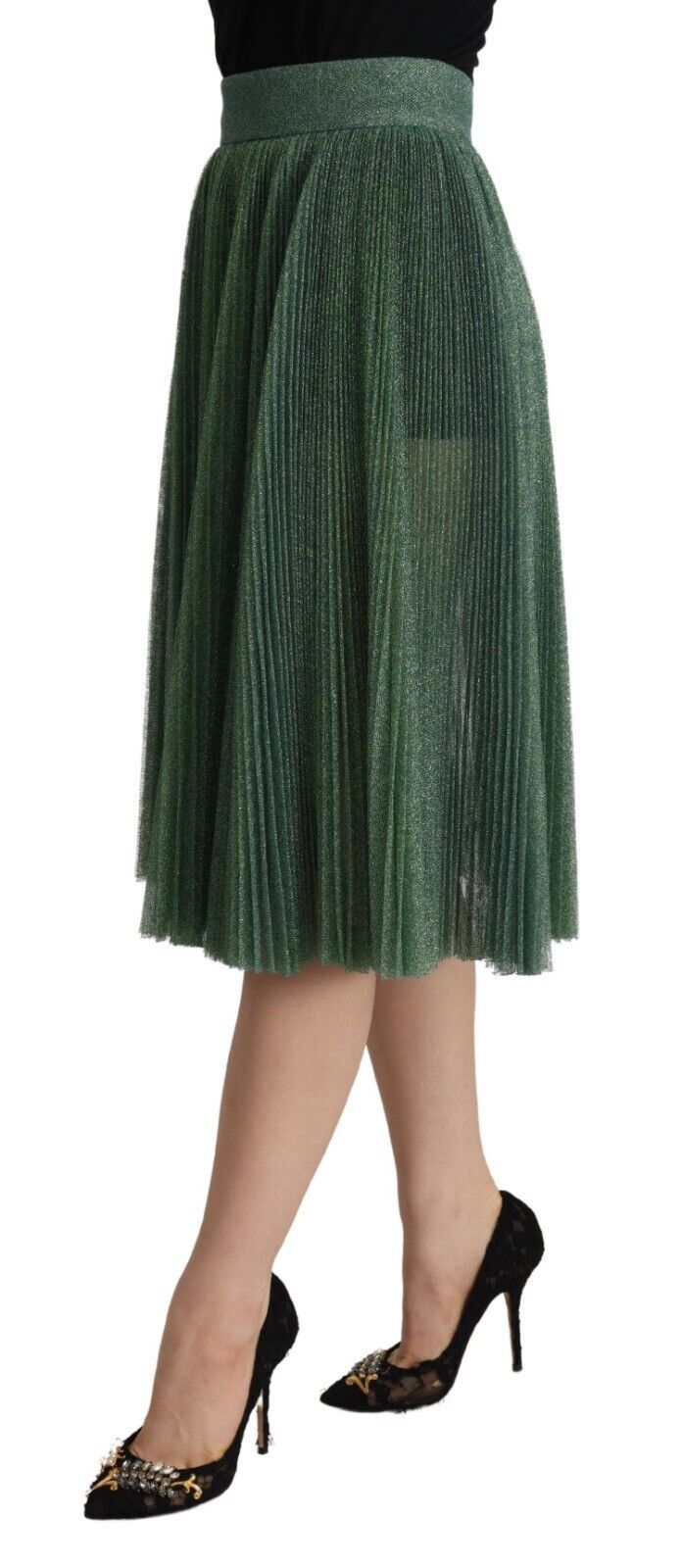 Dolce & Gabbana Metallic Green Pleated A-Line Midi Skirt IT40 | S