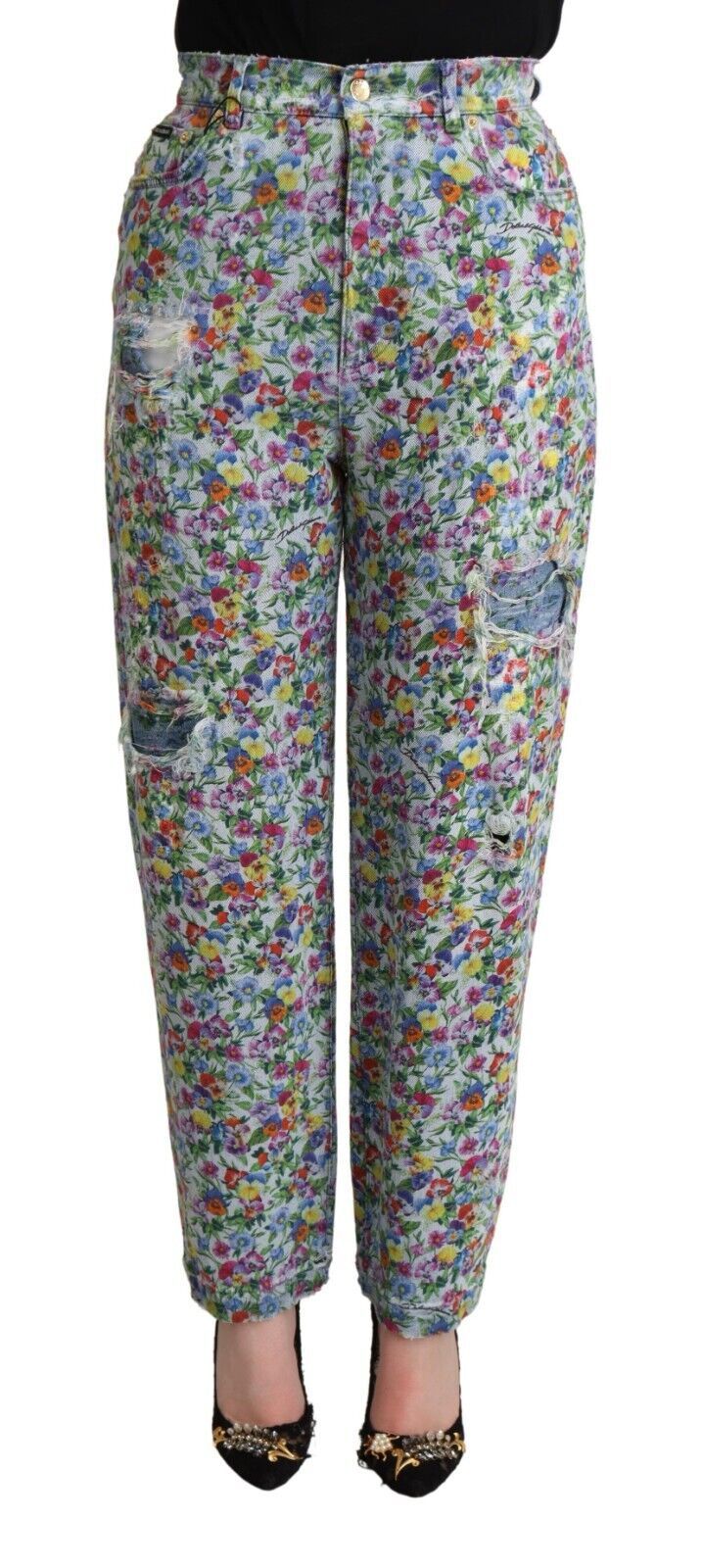 Dolce & Gabbana Floral High Waisted Tapered Denim Jeans IT40 | S