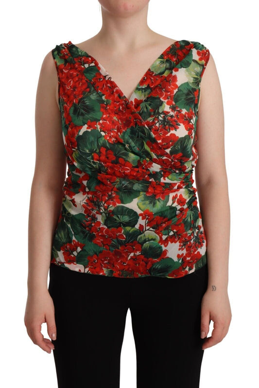 Dolce & Gabbana Elegant V-Neck Geranium Print Silk Tank Top IT46 / XL