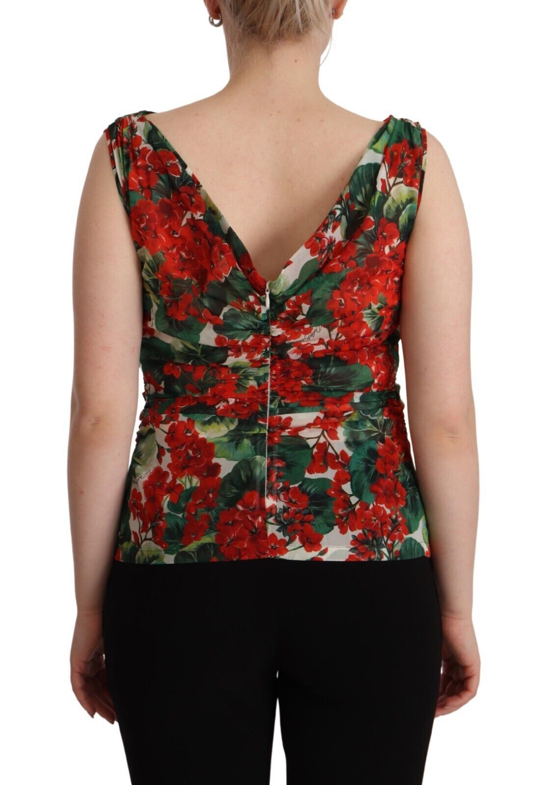 Dolce & Gabbana Elegant V-Neck Geranium Print Silk Tank Top IT46 / XL