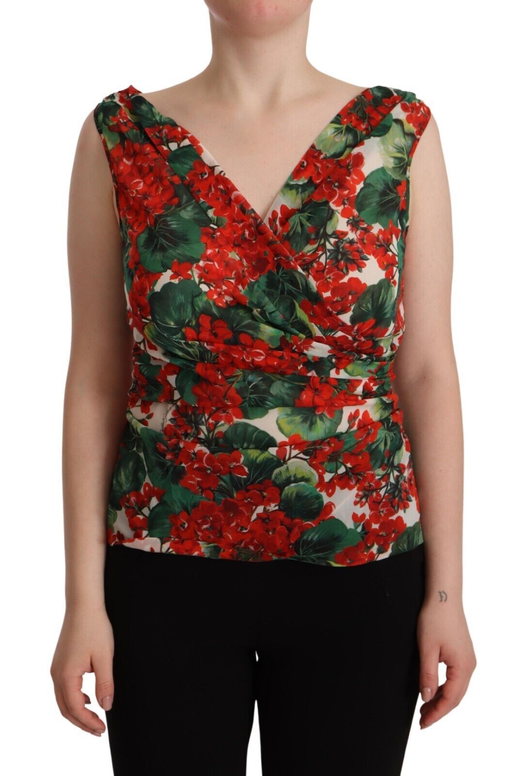 Dolce & Gabbana Elegant V-Neck Geranium Print Silk Tank Top IT46 / XL