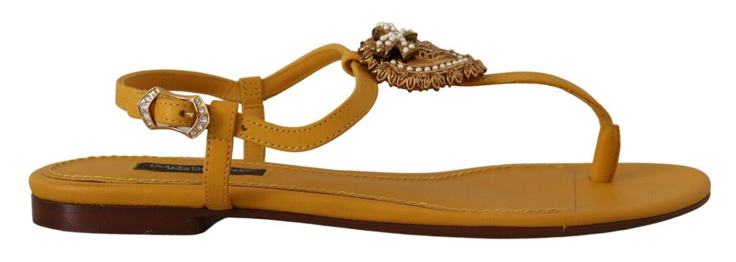 Dolce & Gabbana Mustard T-Strap Flat Sandals with Heart Embellishment EU35 / US4.5