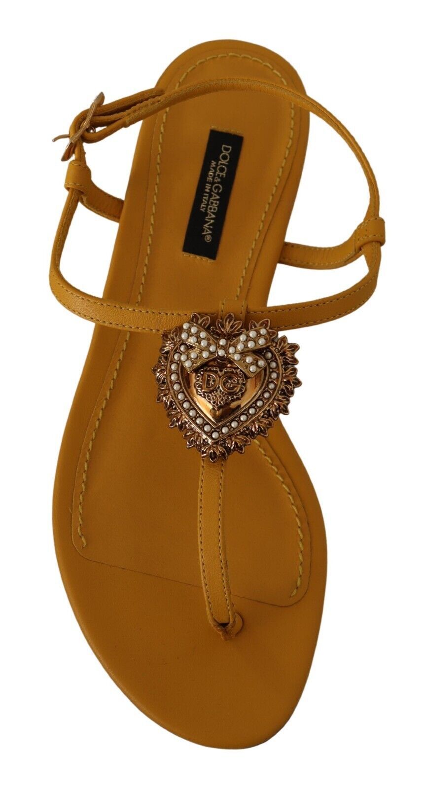 Dolce & Gabbana Mustard T-Strap Flat Sandals with Heart Embellishment EU35 / US4.5