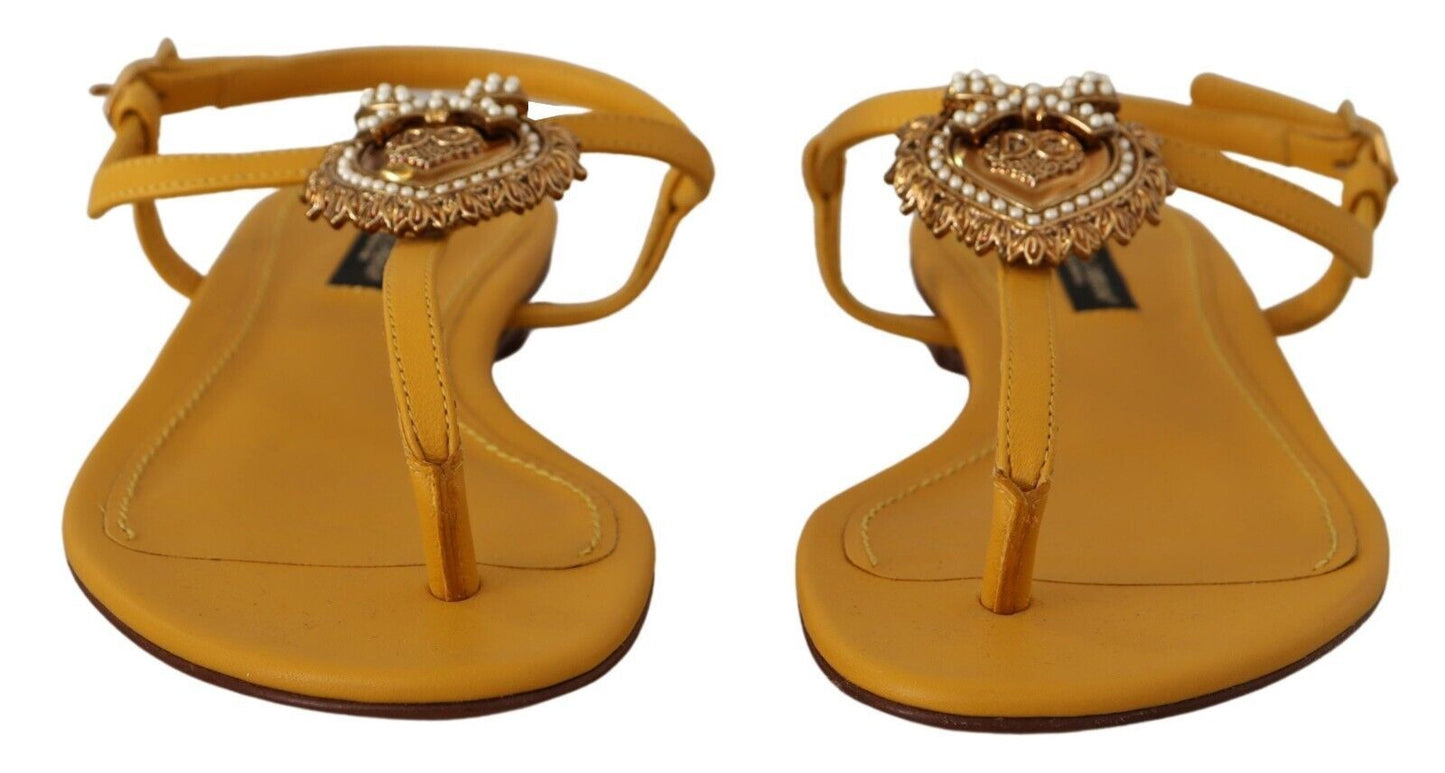 Dolce & Gabbana Mustard T-Strap Flat Sandals with Heart Embellishment EU35 / US4.5