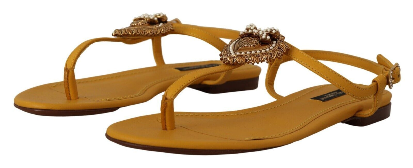 Dolce & Gabbana Mustard T-Strap Flat Sandals with Heart Embellishment EU35 / US4.5