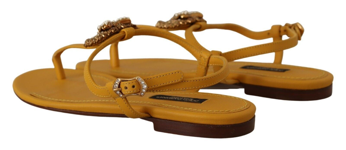 Dolce & Gabbana Mustard T-Strap Flat Sandals with Heart Embellishment EU35 / US4.5