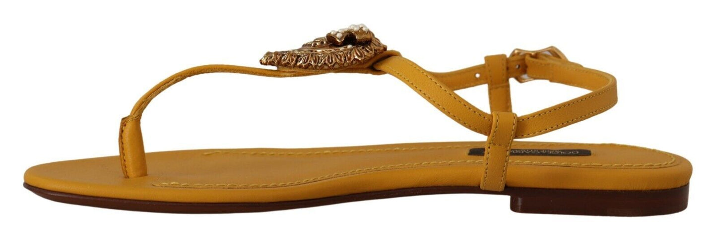 Dolce & Gabbana Mustard T-Strap Flat Sandals with Heart Embellishment EU35 / US4.5