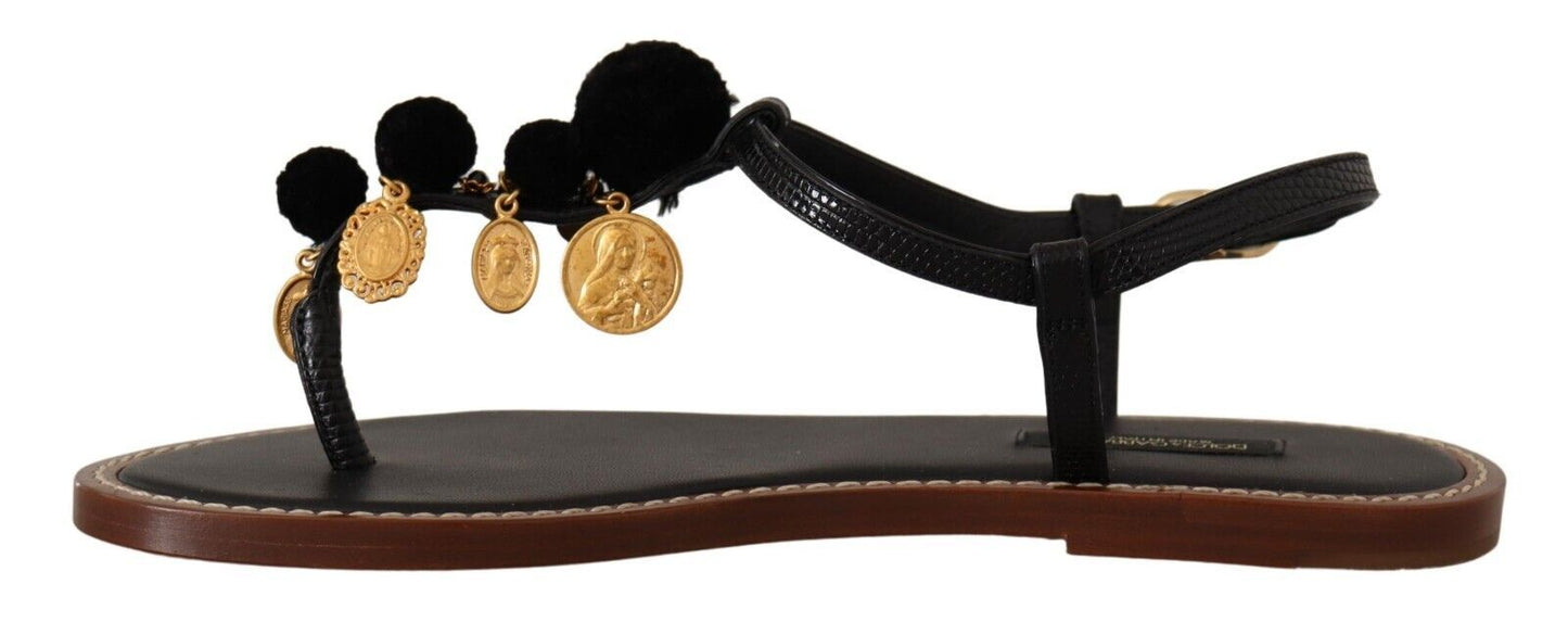 Dolce & Gabbana Chic Leather Ankle Strap Flats with Gold Detailing EU36.5 / US6