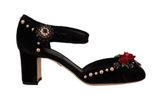 Dolce & Gabbana Black Crystal Rose Heel Sandals EU35.5 / US5