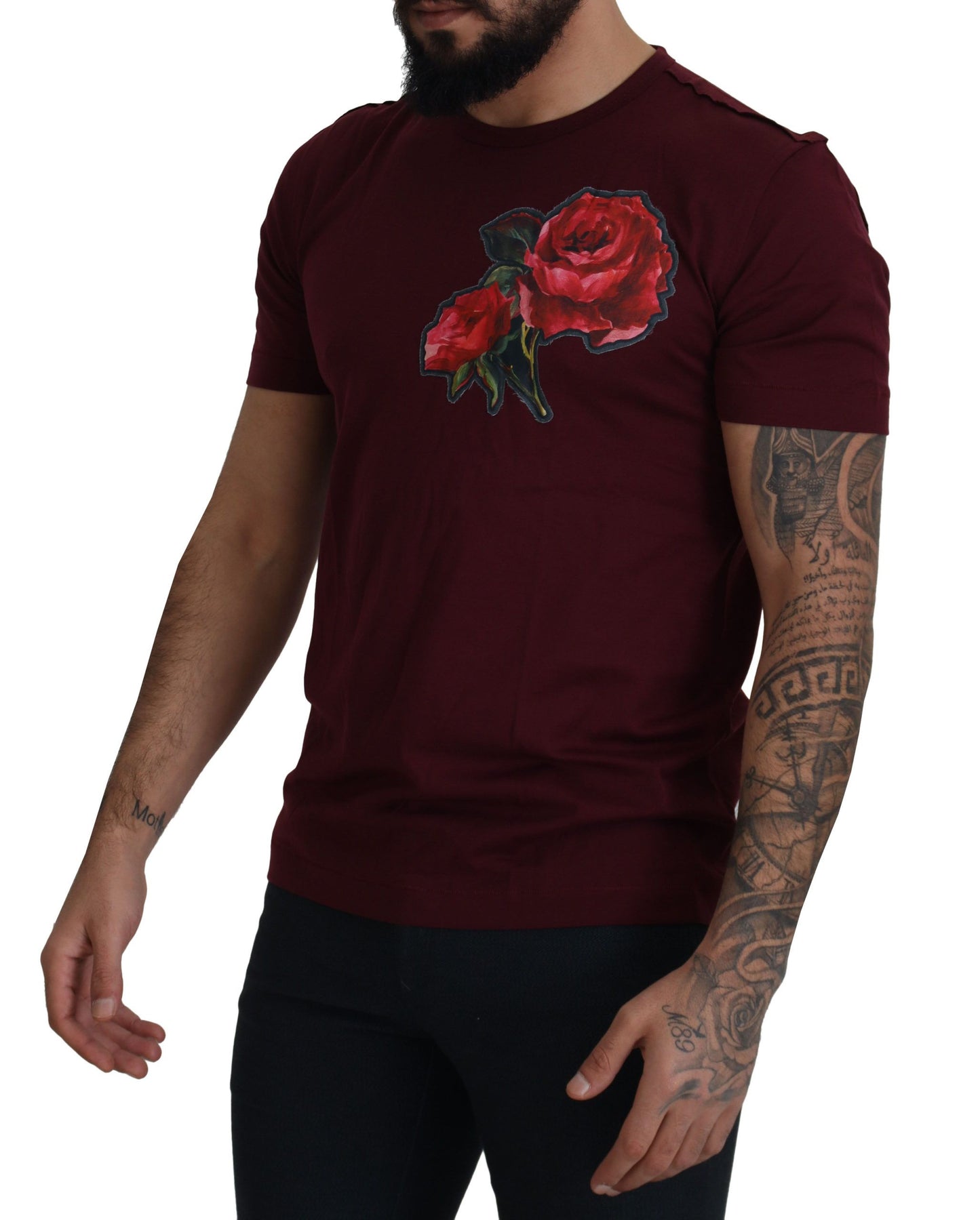 Dolce & Gabbana Elegant Bordeaux Roses Motif Crewneck Tee IT50 / L