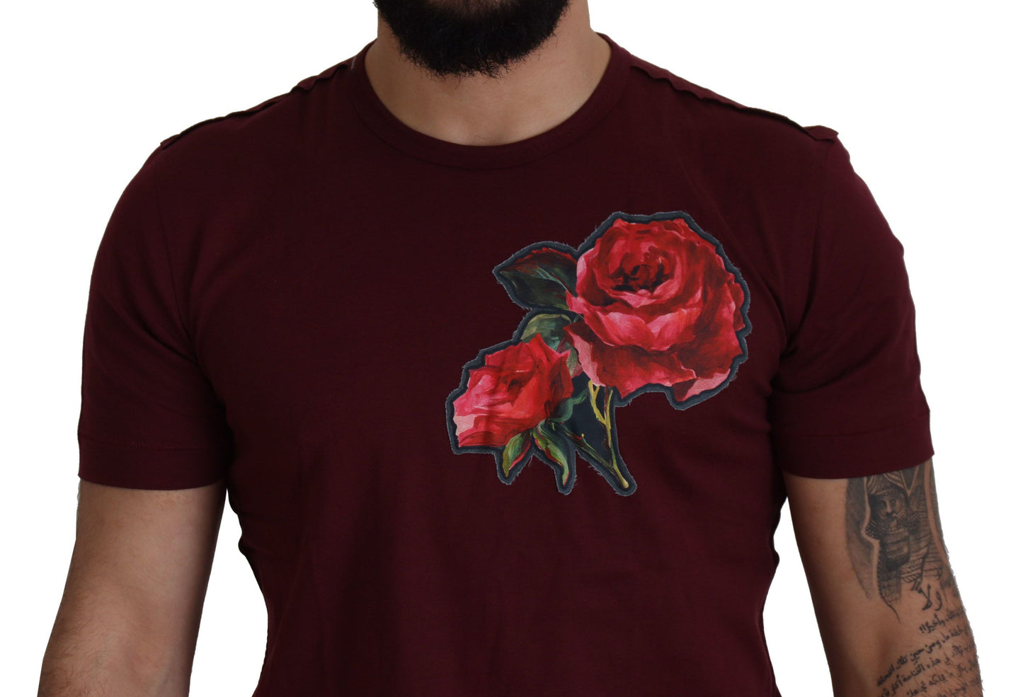 Dolce & Gabbana Elegant Bordeaux Roses Motif Crewneck Tee IT50 / L