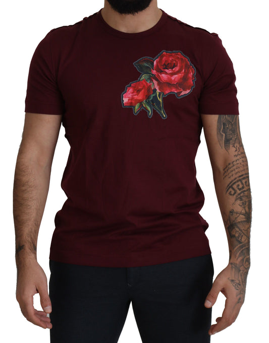 Dolce & Gabbana Elegant Bordeaux Roses Motif Crewneck Tee IT50 / L