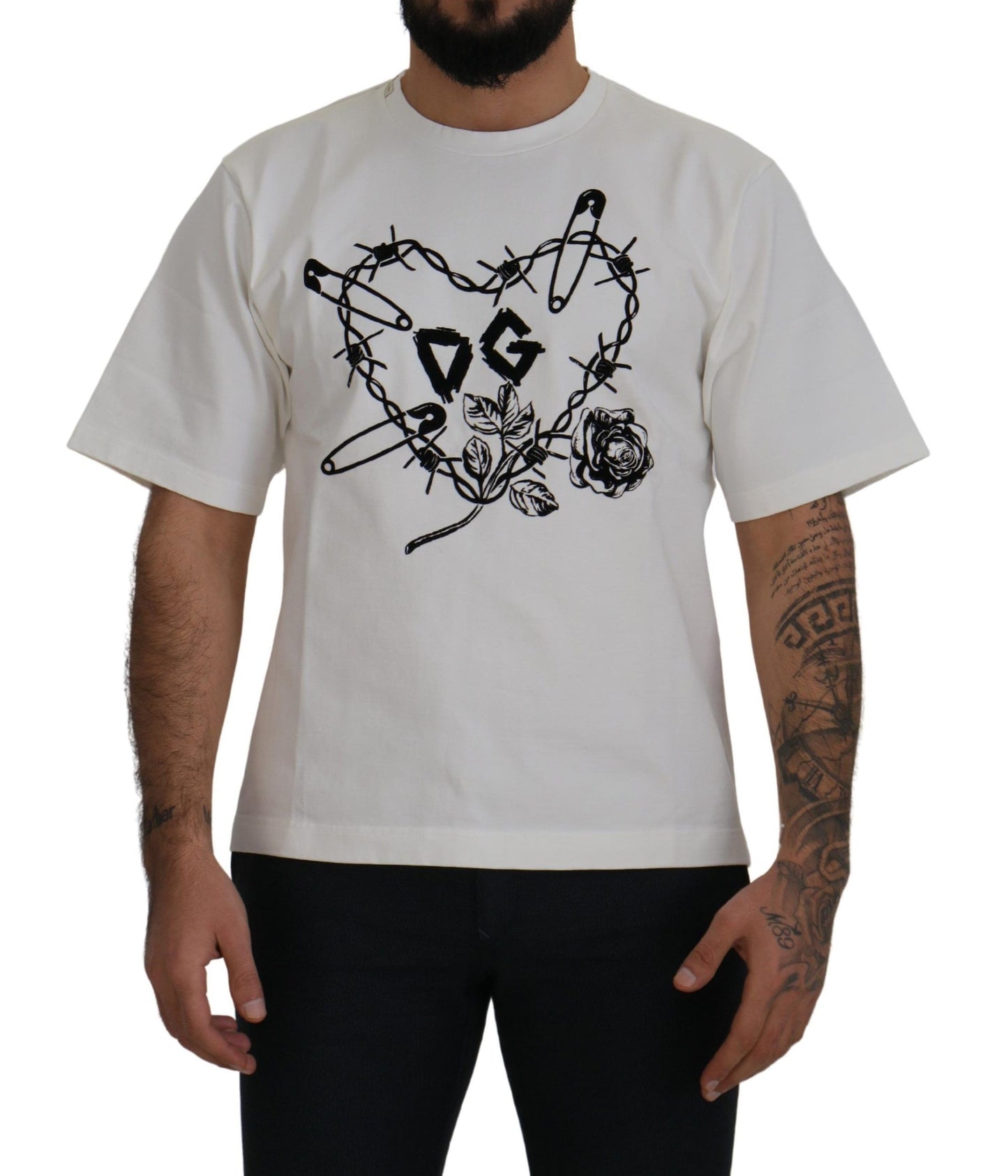 Dolce & Gabbana Elegant White Heart Roses Crewneck Tee IT46 / S