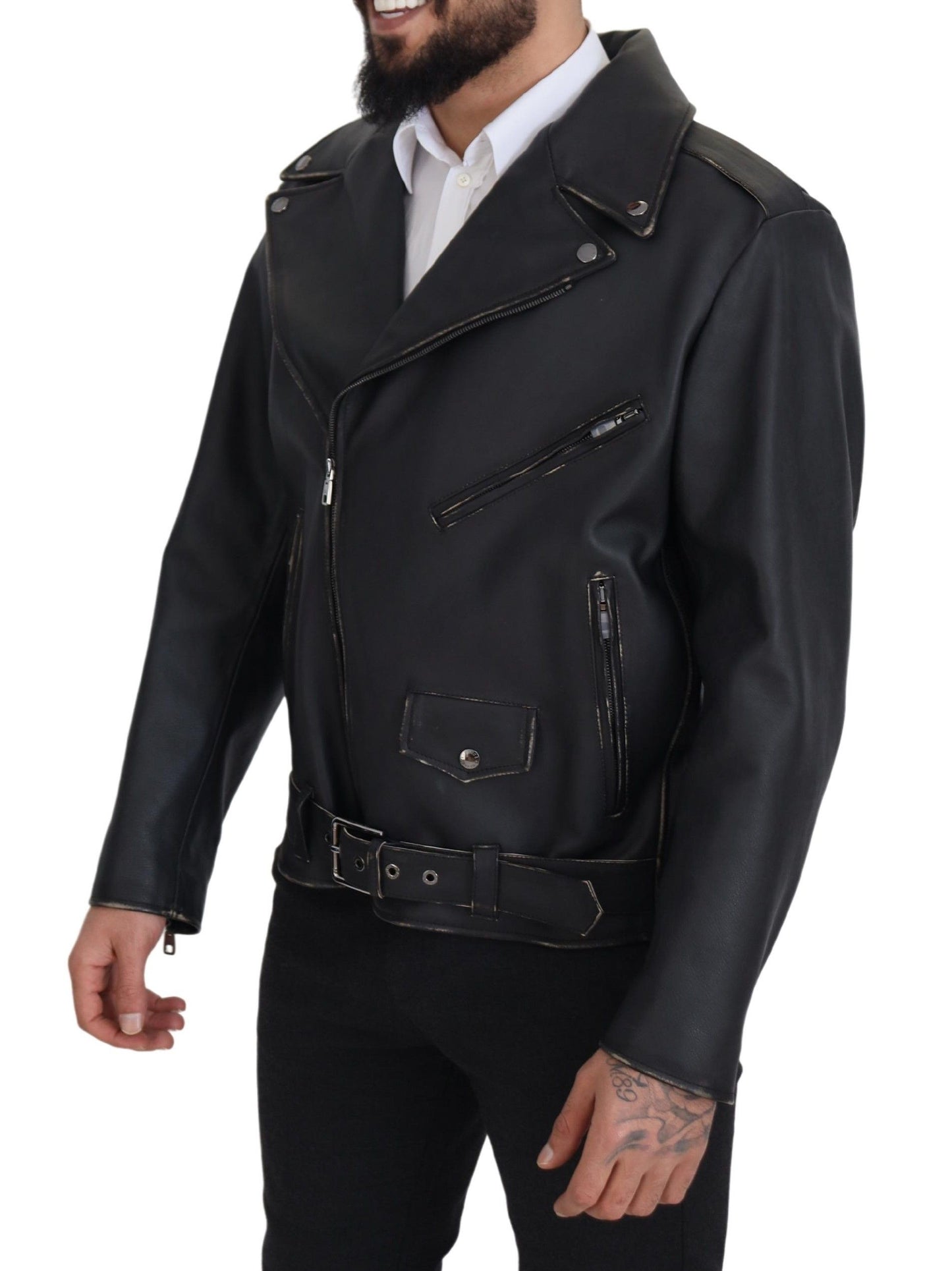 Dolce & Gabbana Elegant Black Leather Biker Jacket IT46 / S