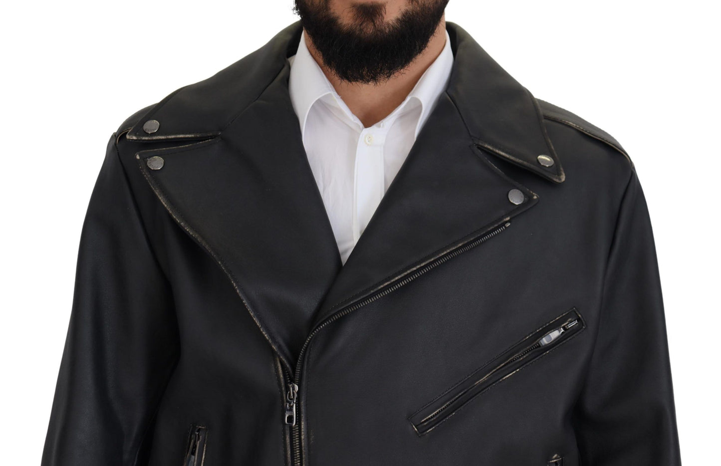 Dolce & Gabbana Elegant Black Leather Biker Jacket IT46 / S