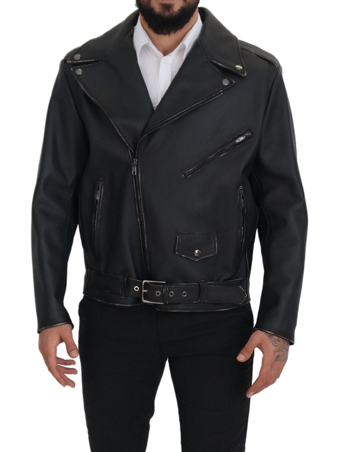 Dolce & Gabbana Elegant Black Leather Biker Jacket IT46 / S