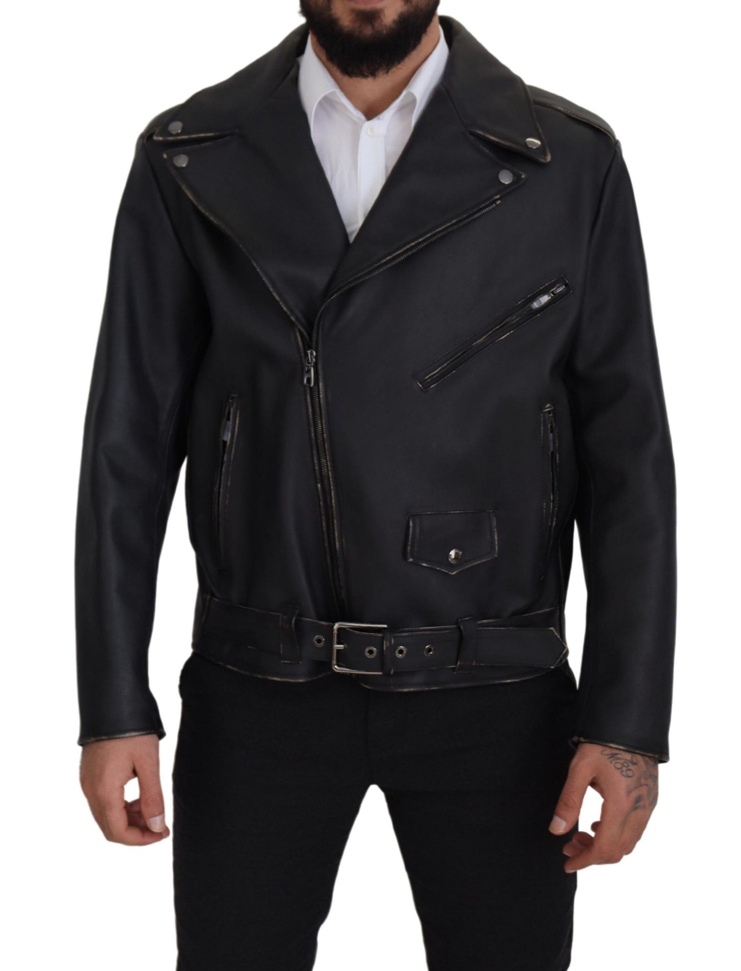 Dolce & Gabbana Elegant Black Leather Biker Jacket IT46 / S