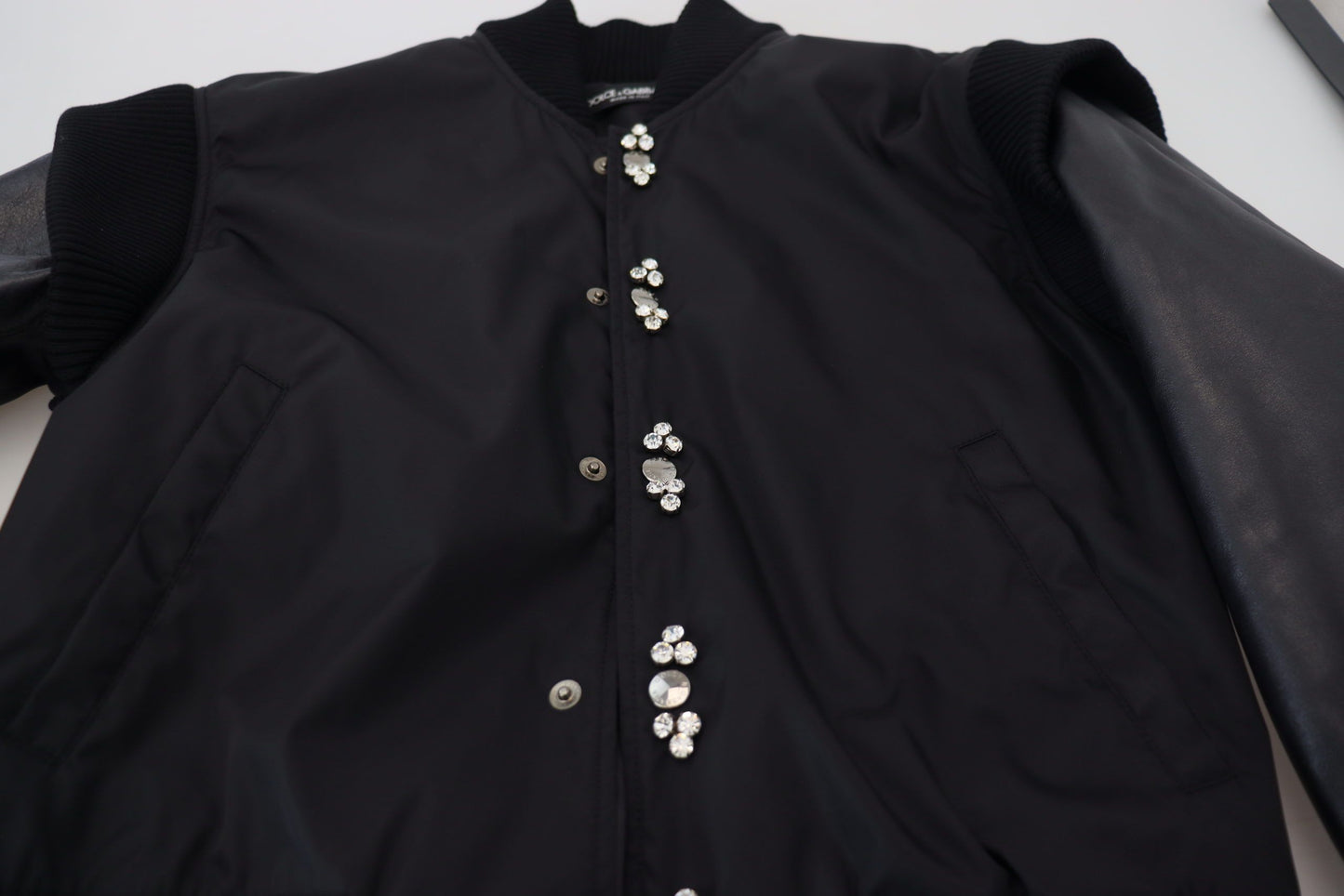 Dolce & Gabbana Elegant Black Crystal-Embellished Bomber Jacket IT46 / S