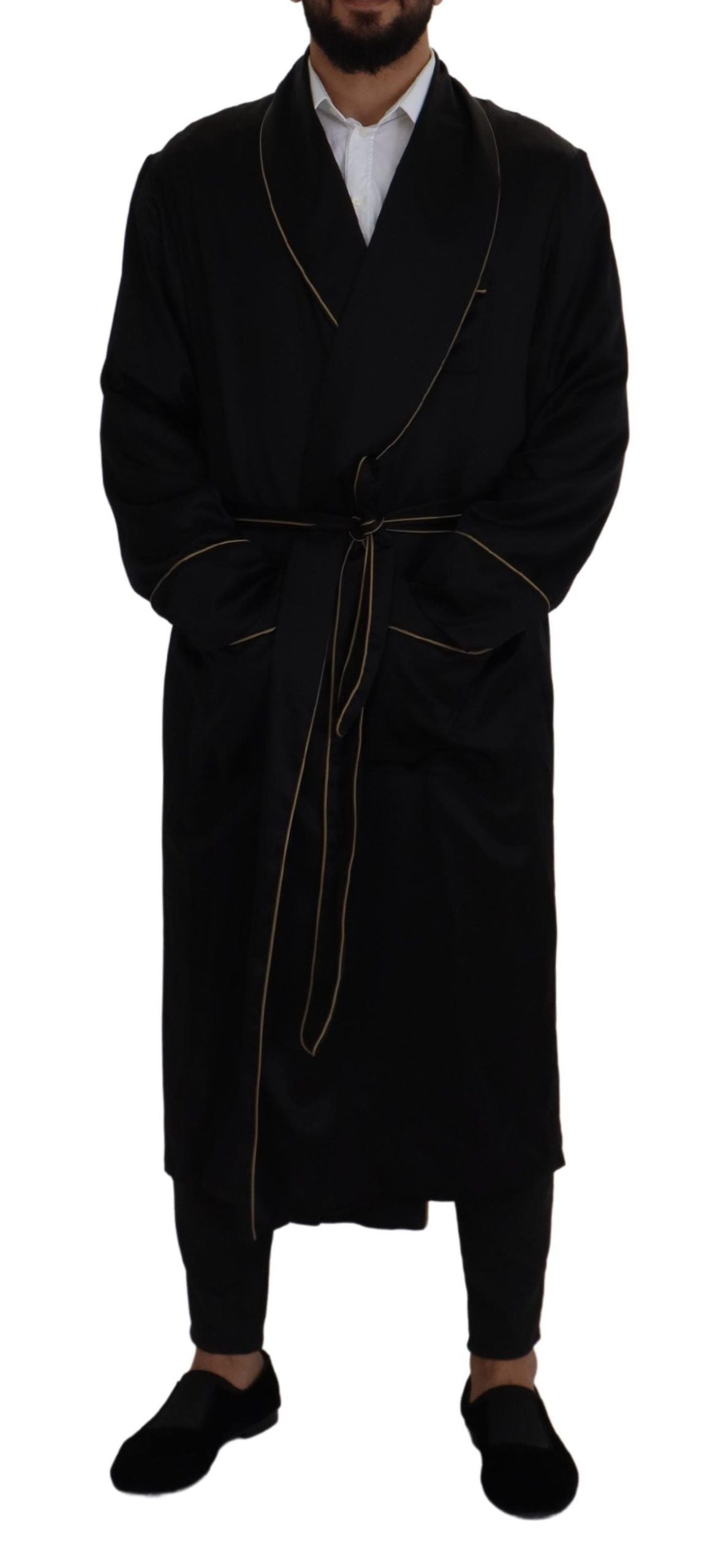 Dolce & Gabbana Elegant Black Silk Long Robe Coat IT50 / L