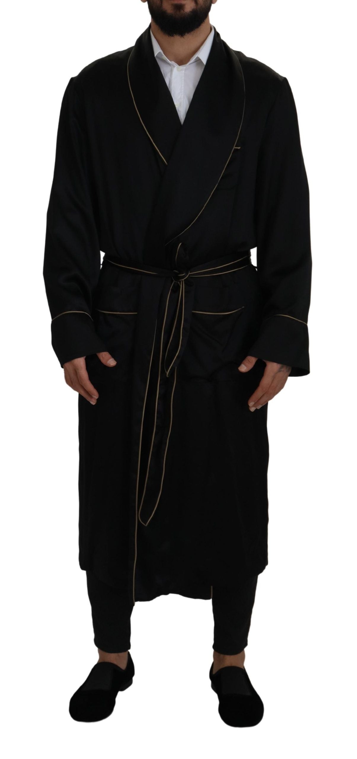 Dolce & Gabbana Elegant Black Silk Long Robe Coat IT50 / L