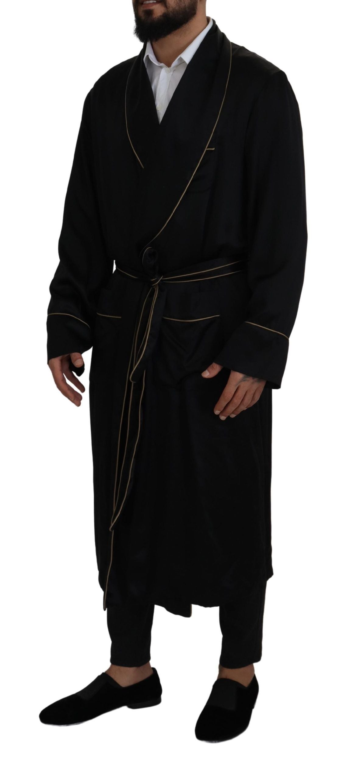 Dolce & Gabbana Elegant Black Silk Long Robe Coat IT50 / L