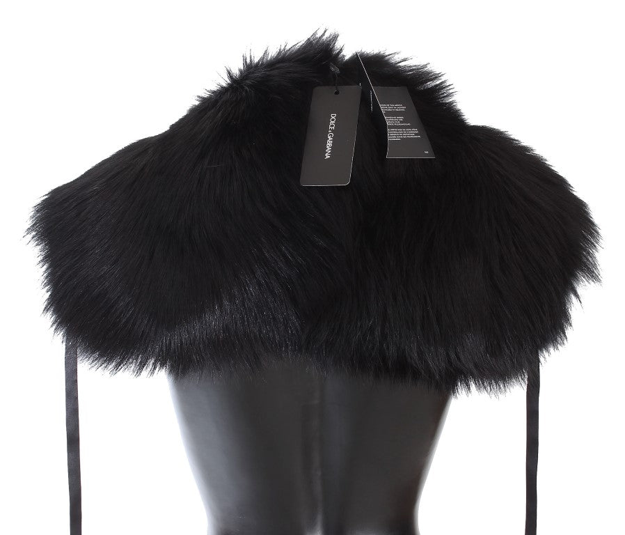 Dolce & Gabbana Elegant Black Fox Fur Silk Shoulder Wrap