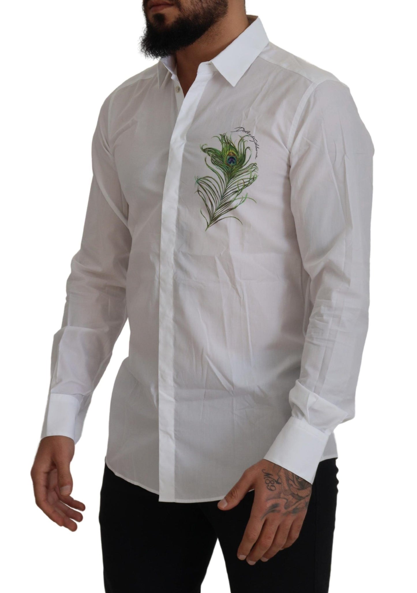 Dolce & Gabbana Elegant White Peacock Feather Dress Shirt IT41 | L