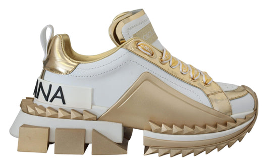 Dolce & Gabbana Elegant White and Gold Leather Sneakers EU35 / US4.5