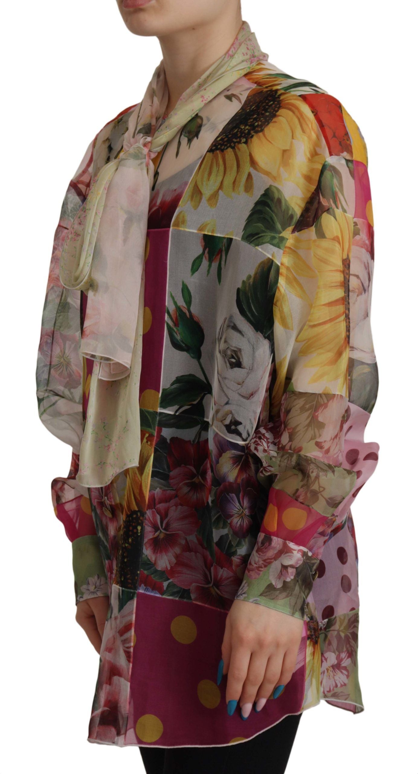 Dolce & Gabbana Multicolor Silk Ascot Collar Blouse IT42 | M