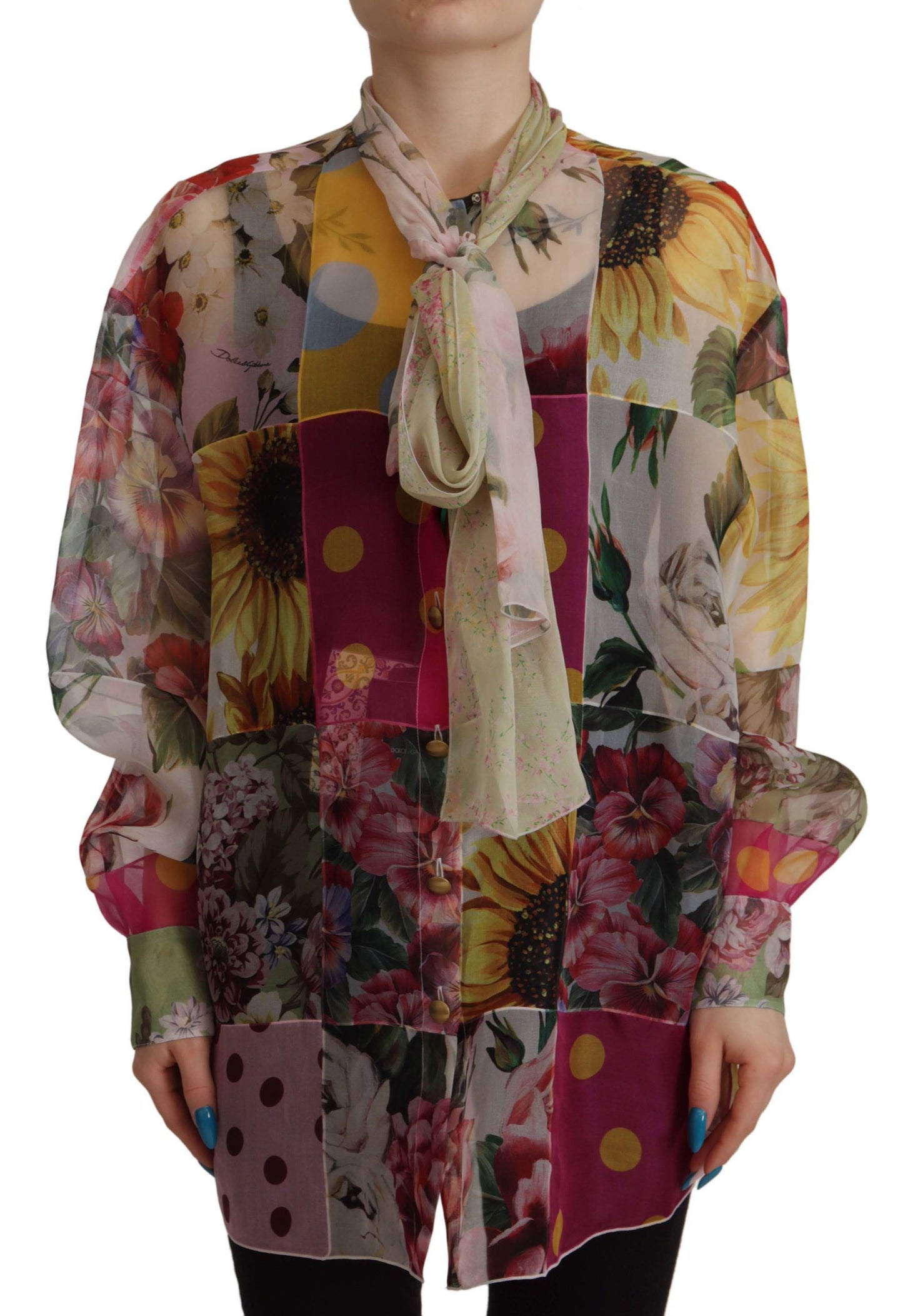 Dolce & Gabbana Multicolor Silk Ascot Collar Blouse IT42 | M