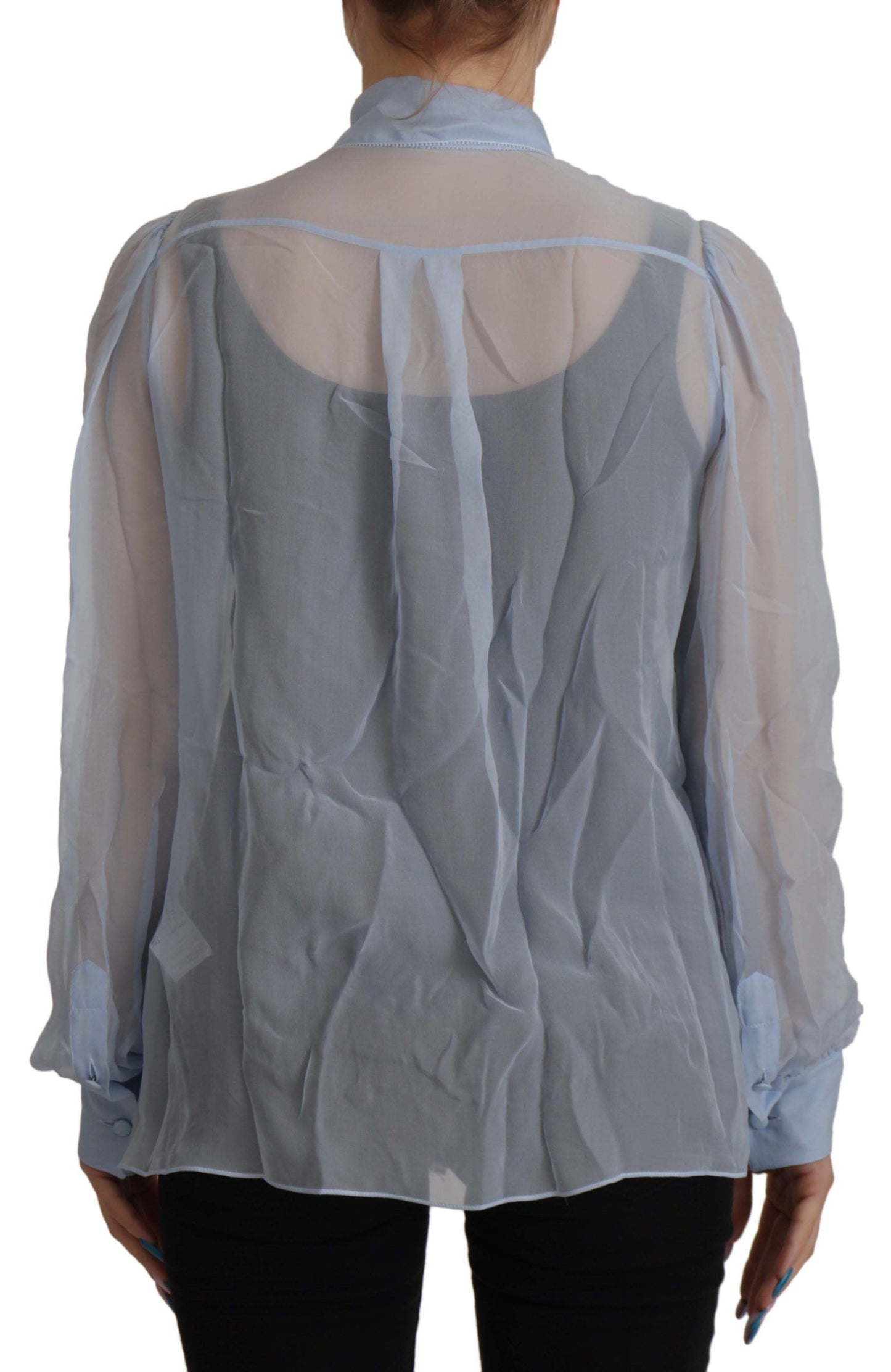 Dolce & Gabbana Elegant Silk Ascot Collar Blouse in Light Blue IT40 | S