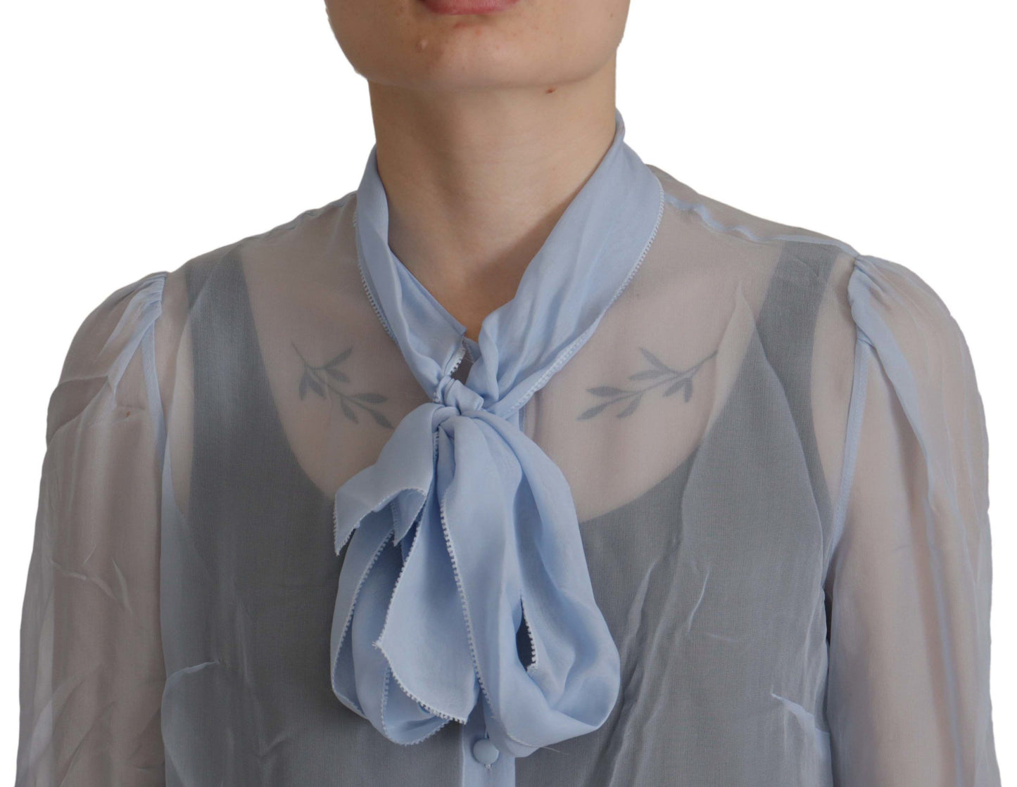 Dolce & Gabbana Elegant Silk Ascot Collar Blouse in Light Blue IT40 | S