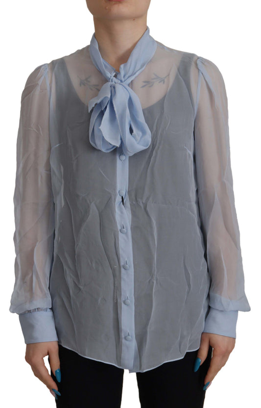 Dolce & Gabbana Elegant Silk Ascot Collar Blouse in Light Blue IT40 | S