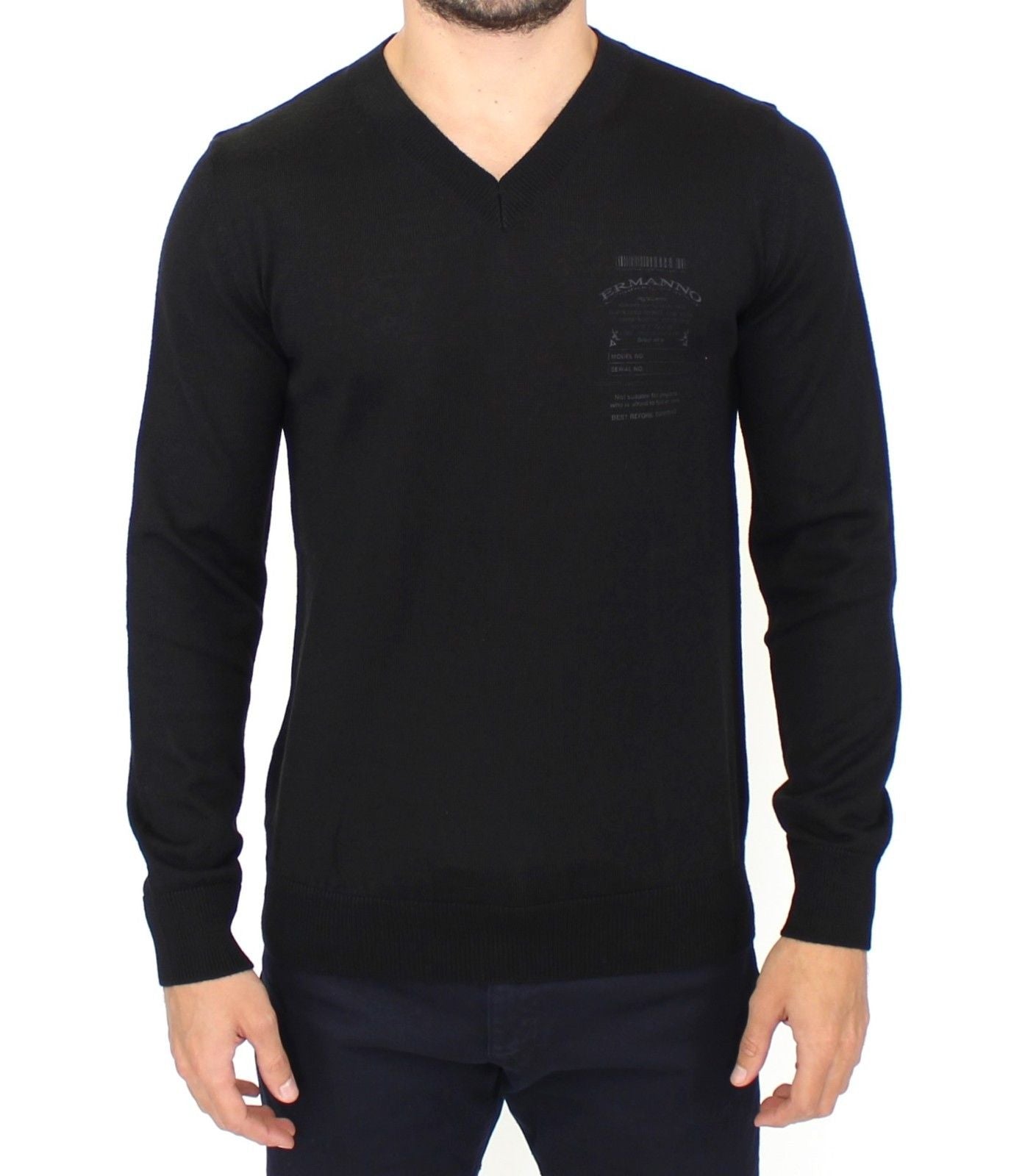 Ermanno Scervino Elegant Black V-Neck Wool Blend Sweater IT48 | M