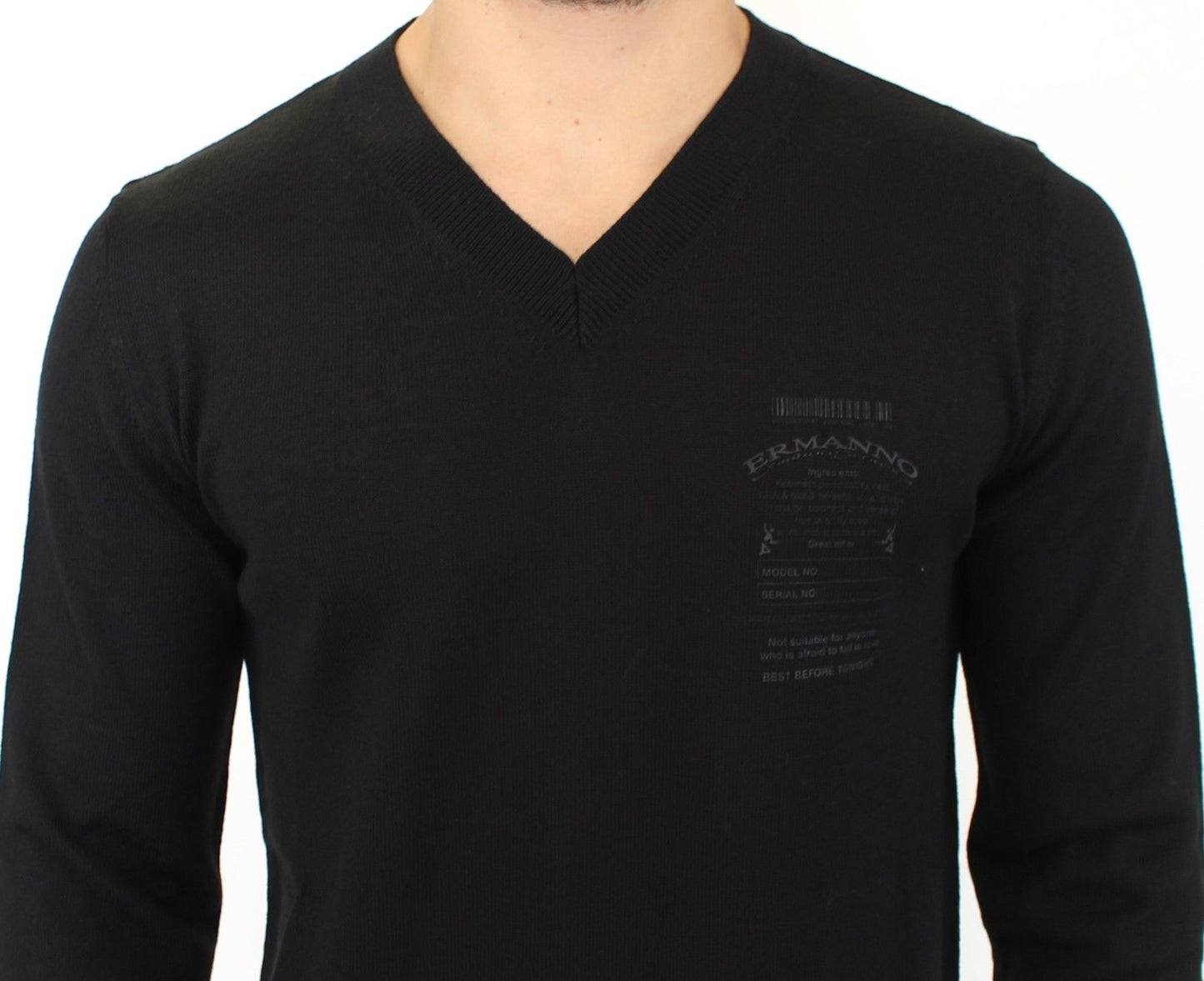 Ermanno Scervino Elegant Black V-Neck Wool Blend Sweater IT48 | M