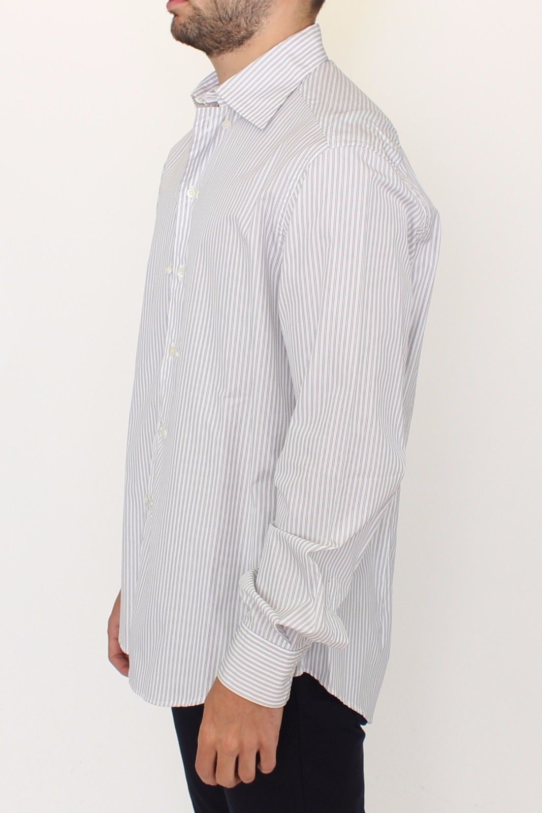 Ermanno Scervino Elegant White and Gray Striped Cotton Shirt IT50 | L