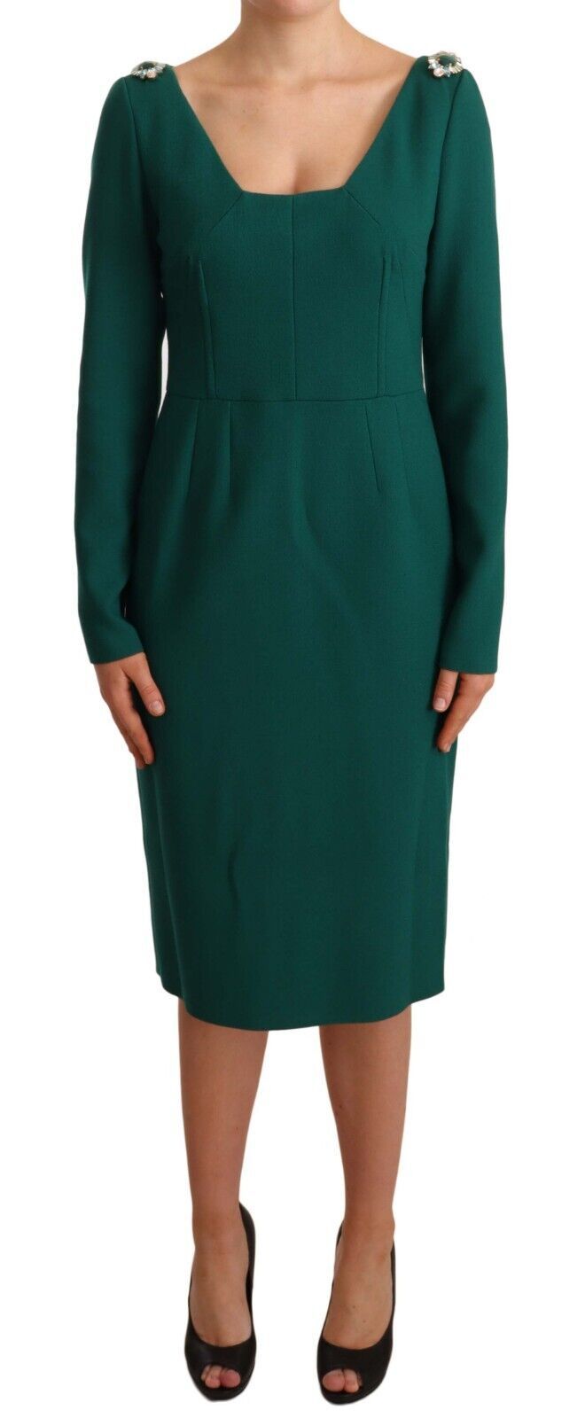 Dolce & Gabbana Emerald Green Midi Sheath Dress with Crystal Brooch IT44 | L