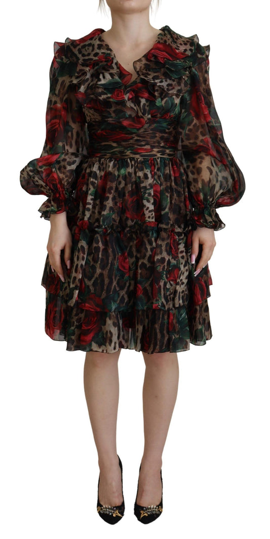 Dolce & Gabbana Silk Leopard Print & Red Roses Dress IT38 / XS