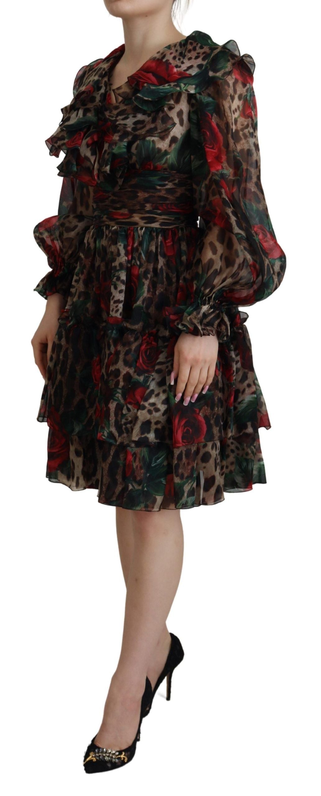 Dolce & Gabbana Silk Leopard Print & Red Roses Dress IT38 / XS