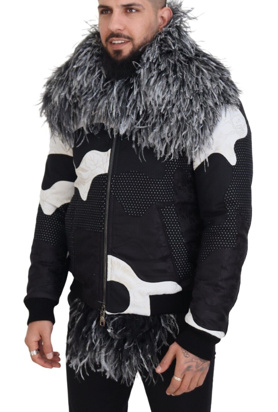 Dolce & Gabbana Elegant Shearling Zip Jacket in Black & White IT52 / L