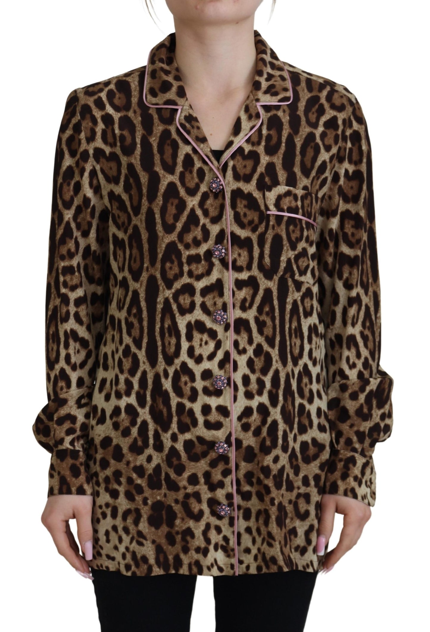 Dolce & Gabbana Elegant Silk Leopard Print Collared Top IT38 / XS