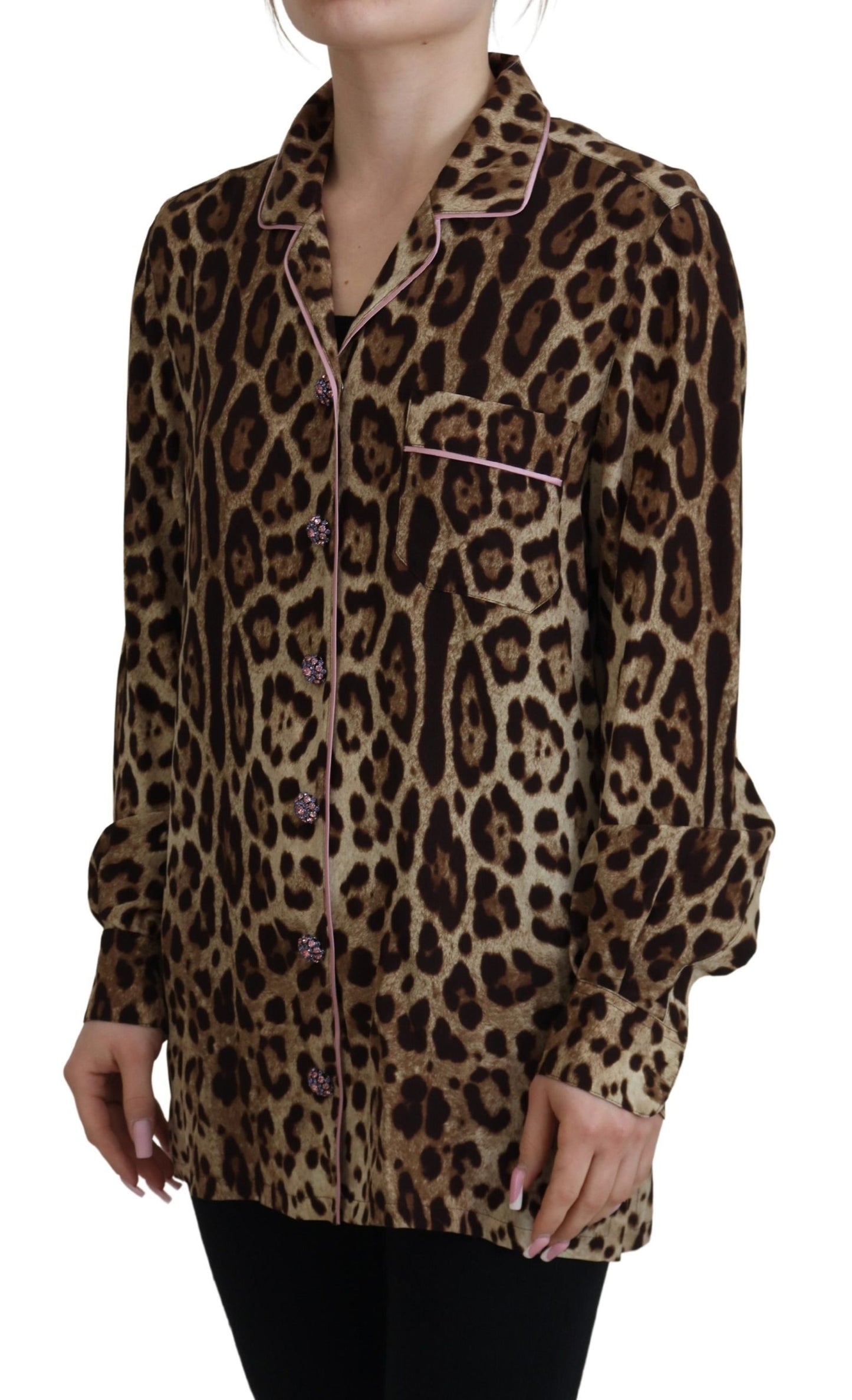 Dolce & Gabbana Elegant Silk Leopard Print Collared Top IT38 / XS