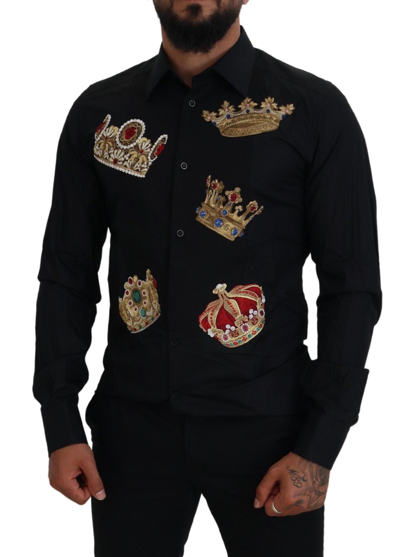 Dolce & Gabbana Elegant Black Slim Fit Dress Shirt with Crown Embroidery