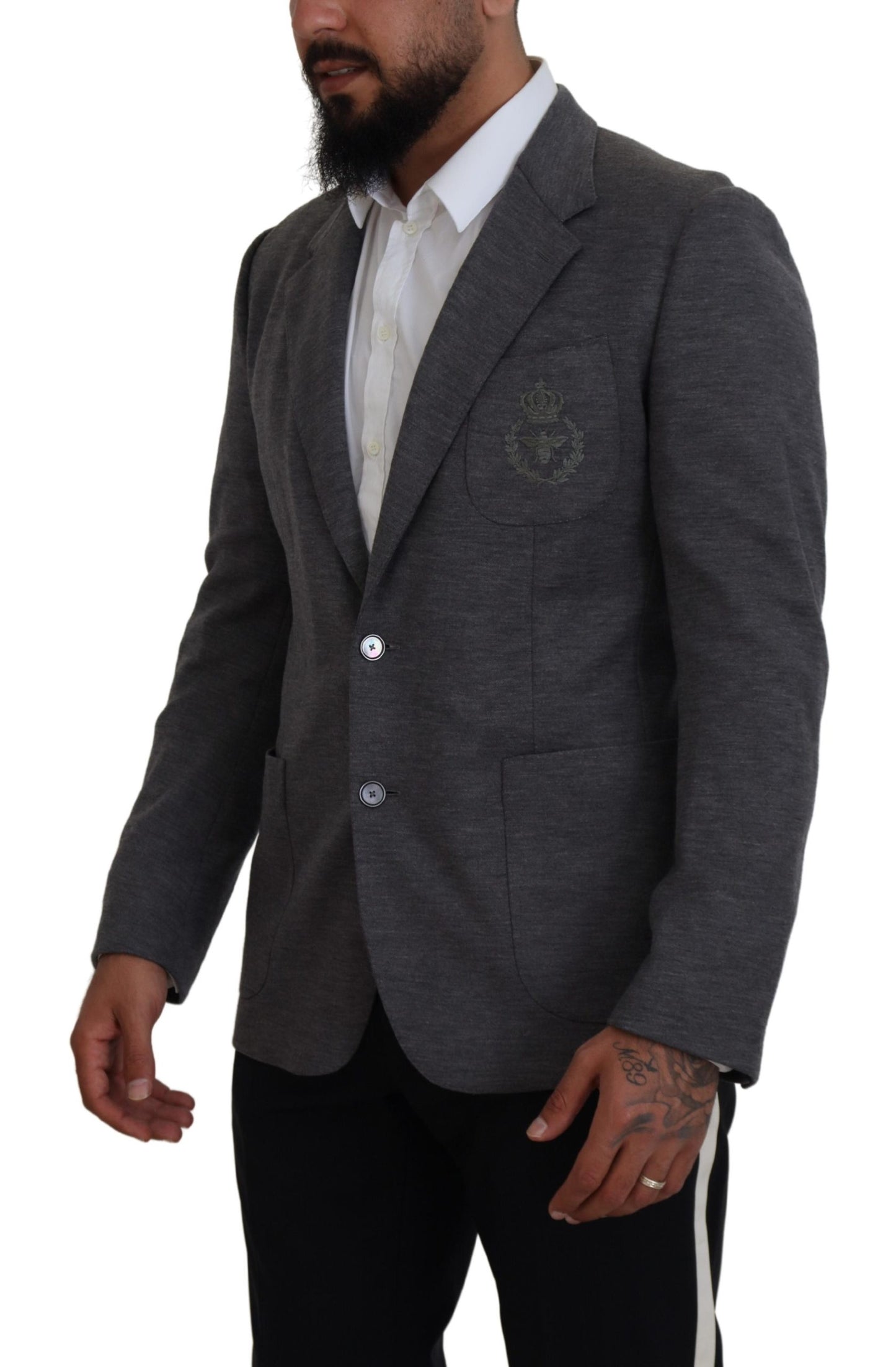 Dolce & Gabbana Elegant Gray Wool Blazer with Bee Crown Embroidery IT44 / XS