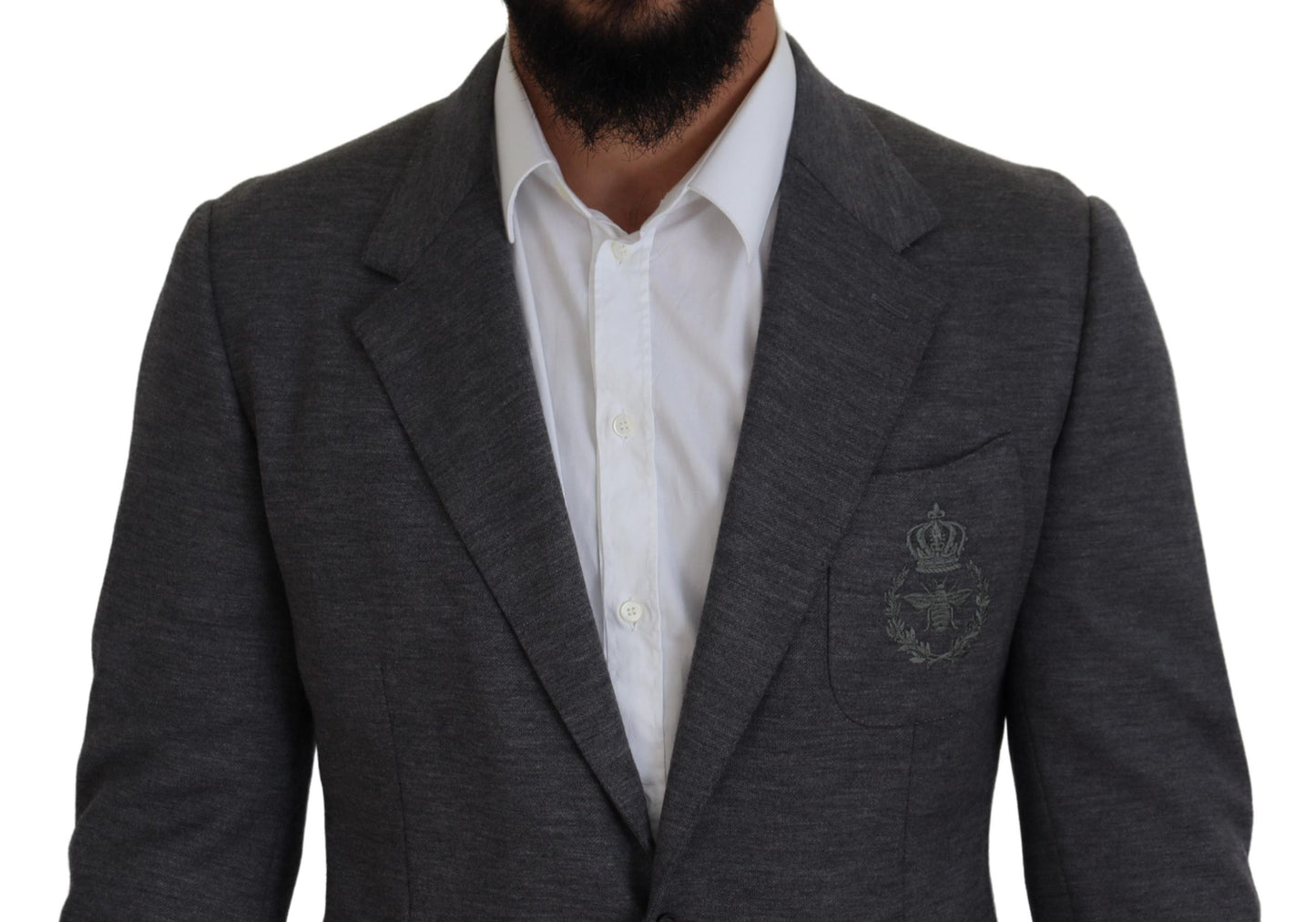 Dolce & Gabbana Elegant Gray Wool Blazer with Bee Crown Embroidery IT44 / XS