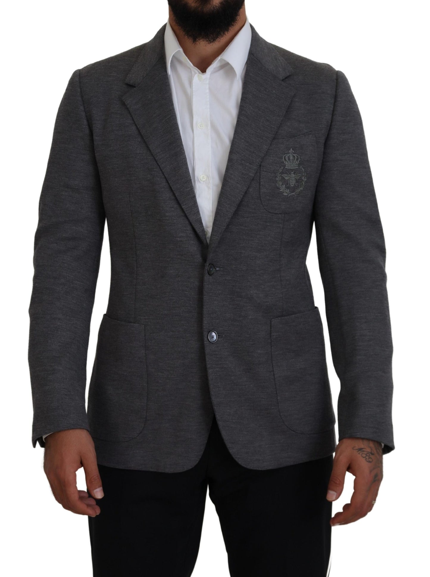 Dolce & Gabbana Elegant Gray Wool Blazer with Bee Crown Embroidery IT44 / XS